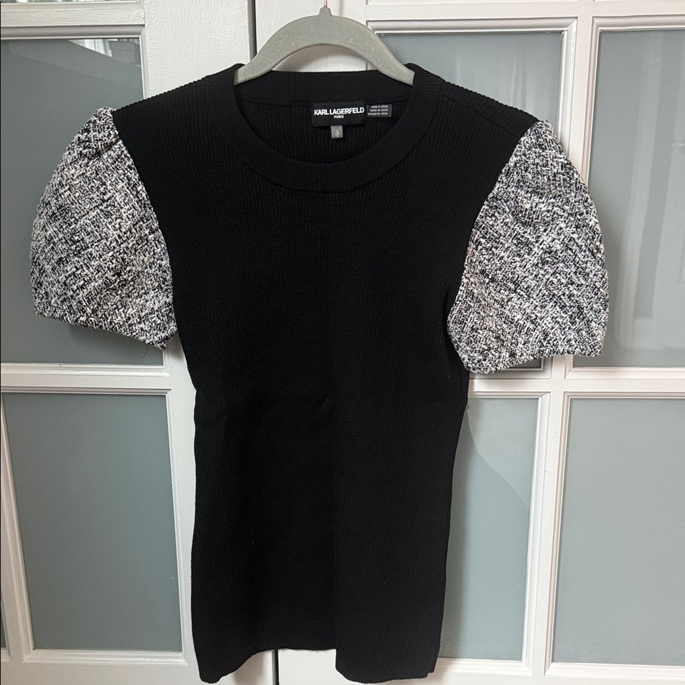 Karl Lagerfeld Black Top with Gray Puff Sleeves